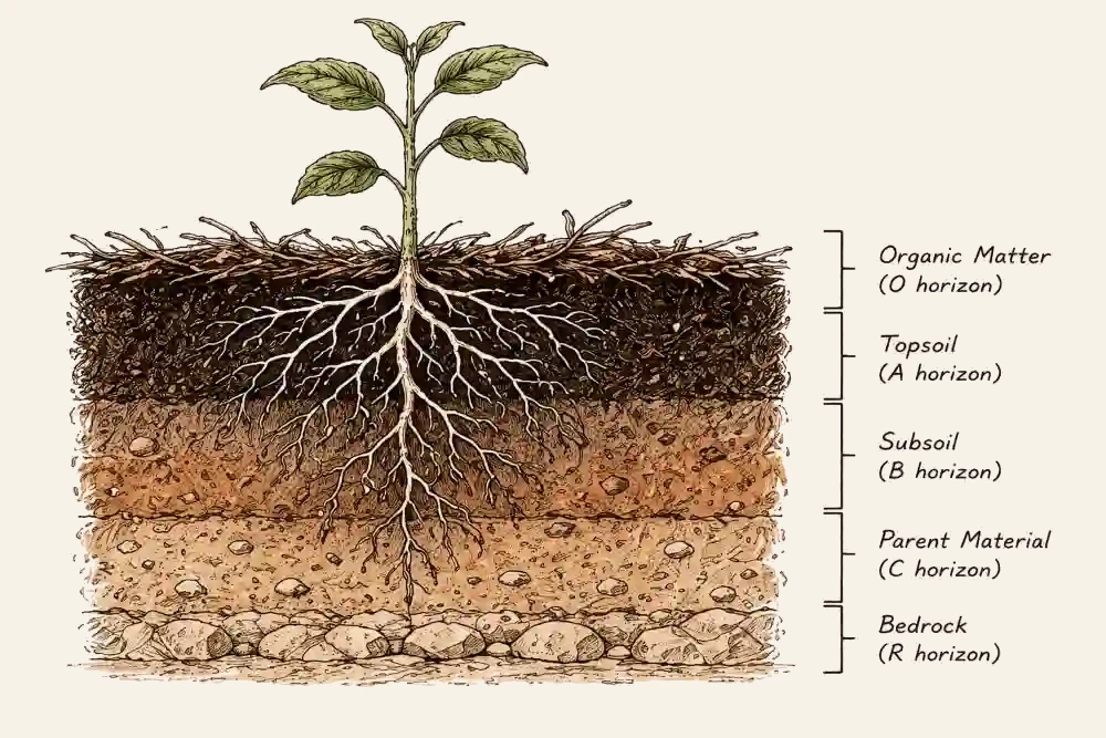 Soil horizon cross section with plant and roots
